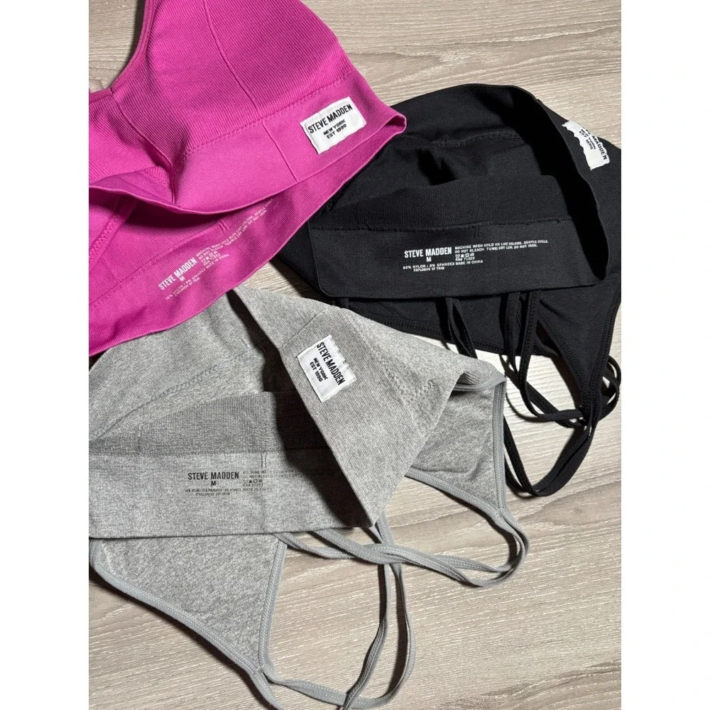 Steve Madden Padded Ribbed Seamless Bralette 3 Pk Strappy Back Pink Black Grey M